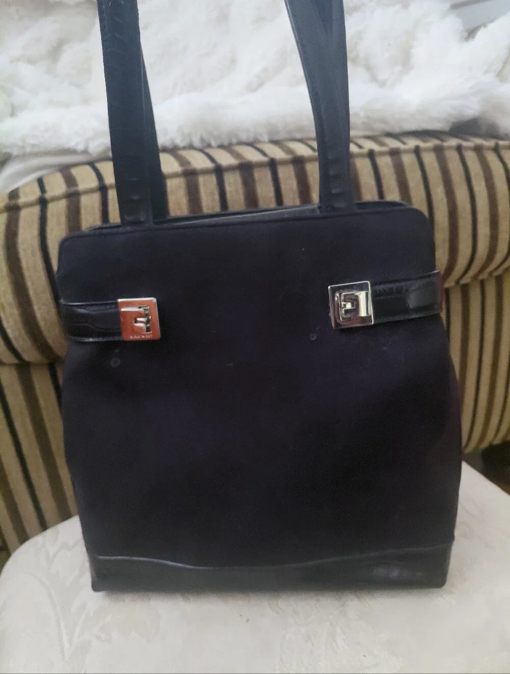 Vintage Nine West Black Suede Tote Bag with Leather Trim